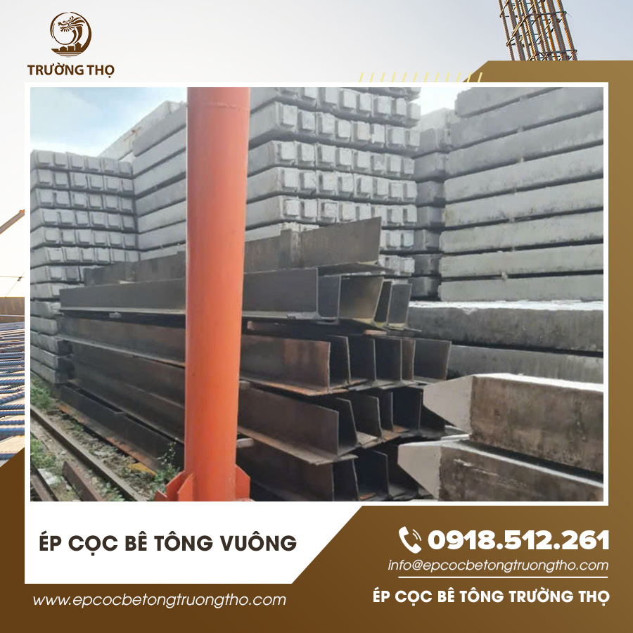 Cọc bê tông vuông được xếp ngay ngắn chuẩn bị đưa vào thi công